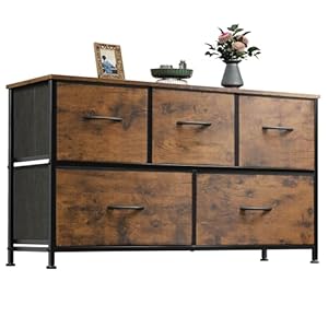 WLIVE Dresser for Bedroom with 5 Drawers, Wide Chest of Drawers, Fabric Dresser, Storage Organizer Unit with Fabric Bins for Closet, Living Room, Hallway, Rustic Brown Wood Grain Print