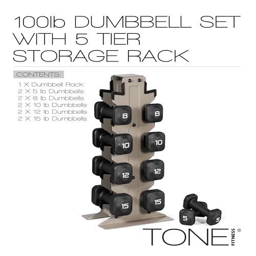 Image of Tone Fitness Neoprene Dumbbell Set with Storage Rack - Non-Slip, Anti-Roll Hand Weights for Home Gym Workouts | 20 lb, 32 lb, 50 lb, 60 lb & 100 lb Options