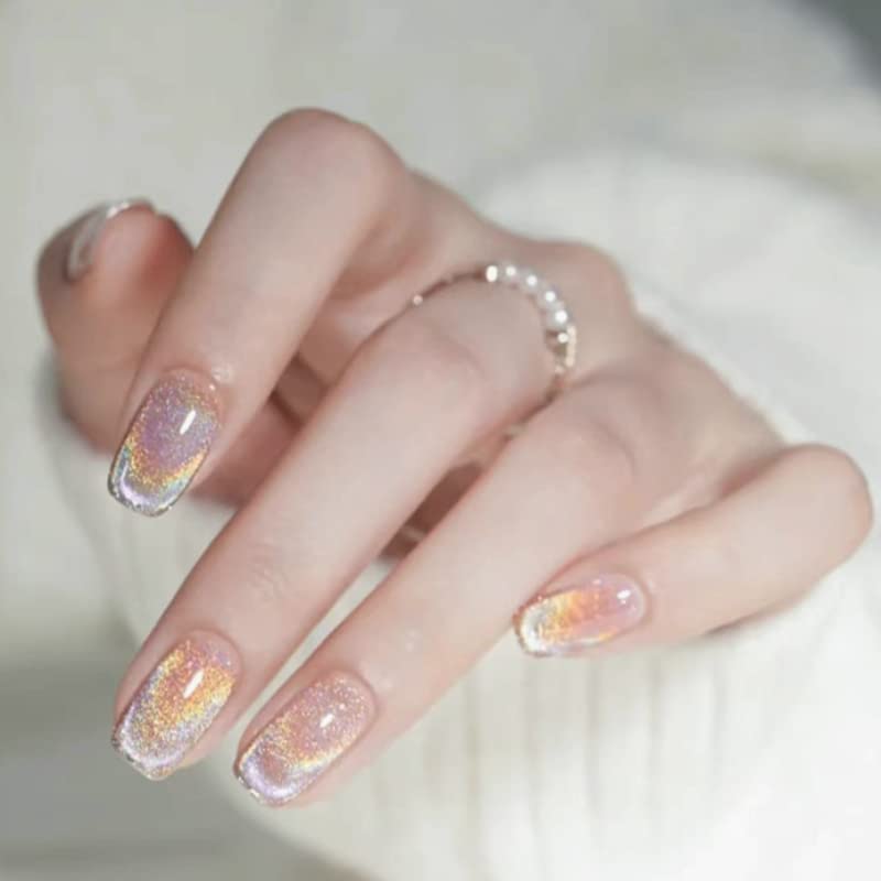 False Nails Press on Manicure, Monina Glossy Artificial Nails Stick On, 24PCS Medium Length Fake Nails Jelly Glue Included, Elegant Acrylic Full Cover Nails Tips (Rainbow Halo)