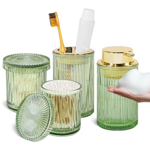 Tonxus Green Glass Bathroom Accessories Set, 4pcs Bathroom Accessory Set, Foaming Soap Dispenser,Toothbrush Holder and 2pcs Qtip Holder with Lid, Bathroom Modern Ribbed Jars Organizer for Decor