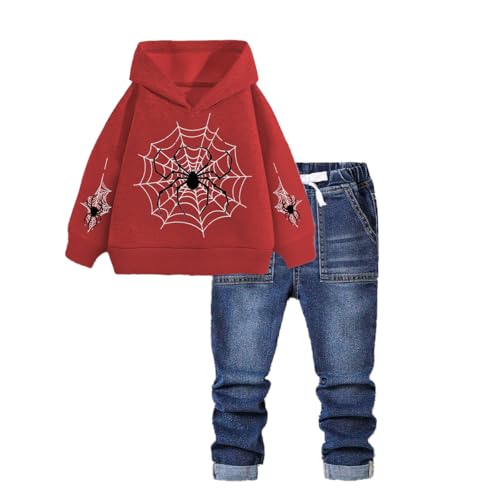 Asbabiy Boys Pullover Hoodie and Denim Jeans Outfits Set -2 Piece Spider Web Sweatshirt and Pants for Kids 3-10 Years (9-10Y (51-54 IN),Red)