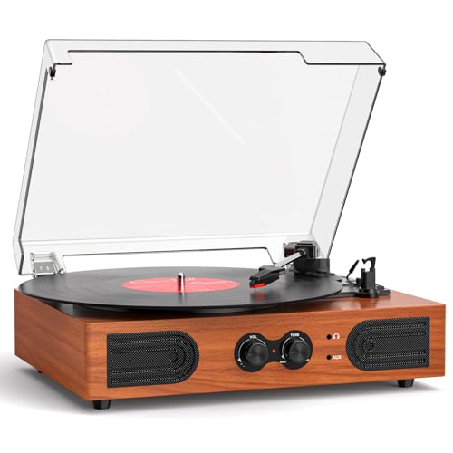 Vinyl Record Player with Walnut Finish, 3-Speed Belt-Drive Turntable with Built-in Speakers, Easy Setup Record Player for Beginners, RCA/AUX/Headphone Jack, Classic Home Audio, Red Wood