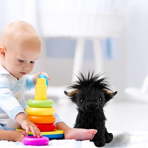 JazRvr Hochlandrind Kuscheltier, Schottisches Highland Cow Plüschtier, Kuscheltier Kuh Für Kinder, 28 cm Schwarzes Kuscheltier, Stressabbau
