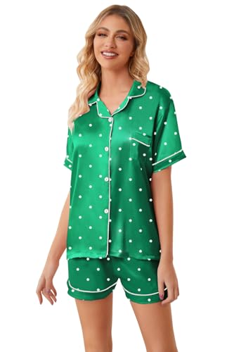 Image of Umeyda Women & Girls Pajamas Set, 2 Piece PJS Satin Silk Sleepwear Button-Down Top with Shorts for Mom Kids Gifts