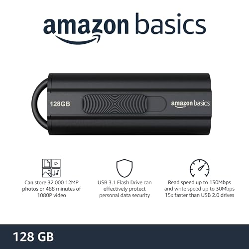 Amazon Basics 128 GB Ultra Fast USB 3.1 Flash Drive, Retractable, High-Speed Data Transfer Storage Device, Black view 2