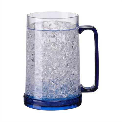 Freezer Beer Mugs, 16 oz Clear Double Wall Gel Frosty Ice Mugs with Handles, Perfect Frozen Beer Mugs for Home Bar Accessories, Gifts for Men