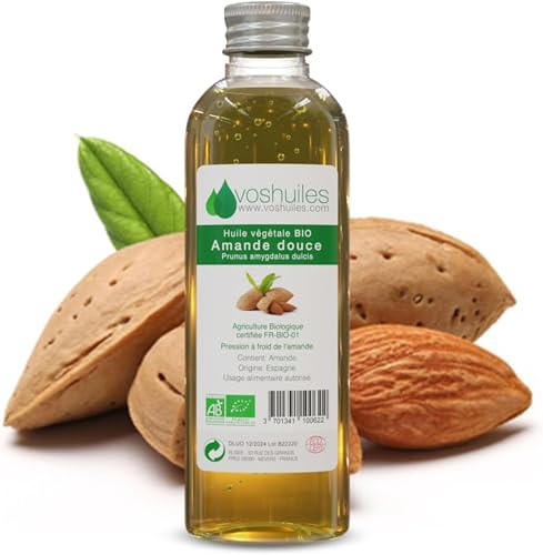 VOSHUILES - Huile Végétale BIO d'Amande Douce - 100ml - Hydratation et Soin de la Peau - 100% Pure et Naturelle - Idéale pour Massage- Cheveux et Visage