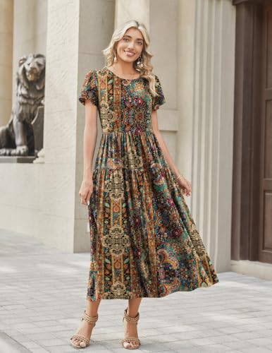 Image of Zeagoo Summer Dresses for Women 2026 Maxi Bohemian Floral Short Sleeve Long Dress Casual Flowy Tired Beach Sundress