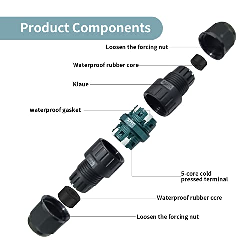 Kabelverbinder Wasserdicht IP68 für Ø9-14 mm Kabeldurchmesser, 5-polig Erdkabel Verbindungsmuffe Abzweigdose, Verteilerdose Außen Schwarz für Garten, Outdoor, Boden, Dach (5-polig 2)