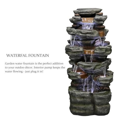 Image of SunJet 47.2 inch High 6-Tiers Cascading Rock Outdoor Water Fountain with LED Lights - Large Outdoor Fountains and Waterfalls for Garden or Patio, Yard, and Deck Decor, Featuring Natural Stone Look