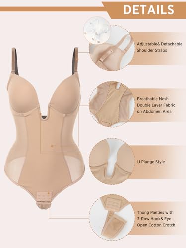 JOYSHAPER Women Shapewear Bodysuit Built in Bra Tummy Control U Plunge Backless Body Shaper Bra Thong Body Suits