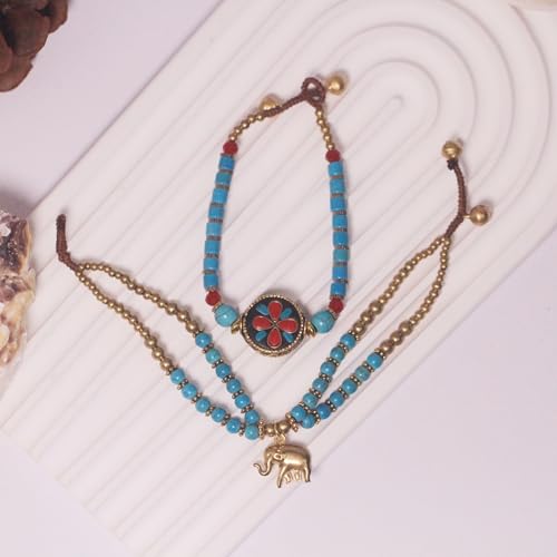 Petite Adjustable Boho Bracelet for Small Wrists 6-7.5 Inch - Handmade Nepalese Buddhist Prayer Bracelet with Elephant Charm, Brass Bell, Turquoise Stone & Tibetan Mantra Beads, Spiritual Lucky Gift2