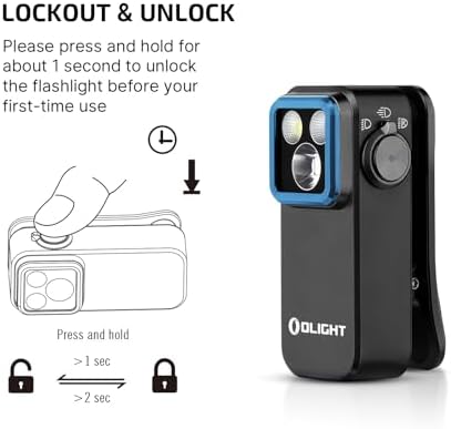 Diagram showing how to unlock the Oclip Pro by pressing and holding the button for 1 second.