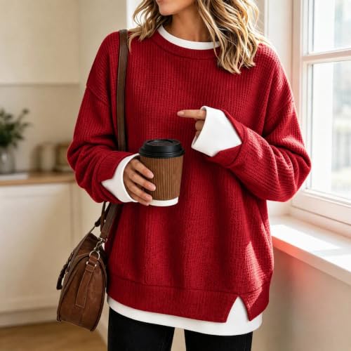 Womens Fall Sweater Crewneck Long Sleeve Layered Look Pullover Oversized - image 2