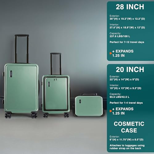 Image of Luggage Sets 3 Piece, 20 Inch Carry on Luggage and 28 Inch Suitcases with Wheels Spinner, Durable Hard Shell Suitcase Set, Expandable Travel Suitcase, Sage Green