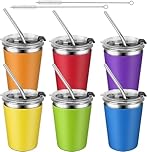 KAHEIGN 6Pcs Stainless Steel Cups with Lids & Straws, 360ml Unbreakable Kids Tumbler Reusable Drinking Cup Travel Mug Iced Coffee Cup with Removable Silicone Sleeves for Adults Kids Cold Hot Drinks