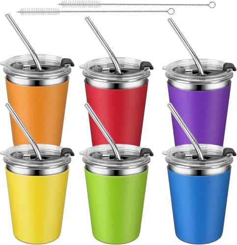 KAHEIGN 6Pcs Edelstahl Trinkbecher mit Deckel und Strohhalmen 360ml Edelstahlbecher Unzerbrechlicher Kinderbecher Wiederverwendbarer Trinklernbecher Edelstahl mit abnehmbaren Silikonhülsen