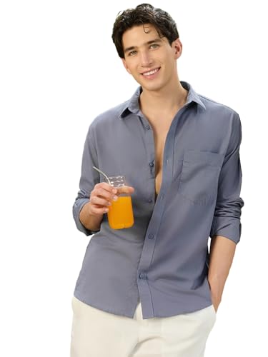 Image of Bewakoof Mens Solid Regular Fit Full Sleeve Collar Cotton Linen Blend Shirt