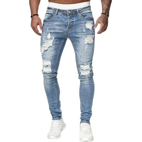 Jeans Pants Trousers Denim Street Trendy Piercing Wear Hole Stretch Tight Washed Blue Mid Waist for Men
