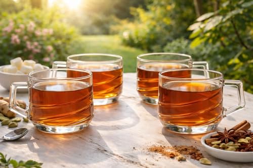 Image of IndusBay Pack of 4, Clear Glass Tea Cup 210 ML | Transparent Glass Mug with Handle | Elegant Spiral Design | Ideal for Tea, Coffee & Green Tea