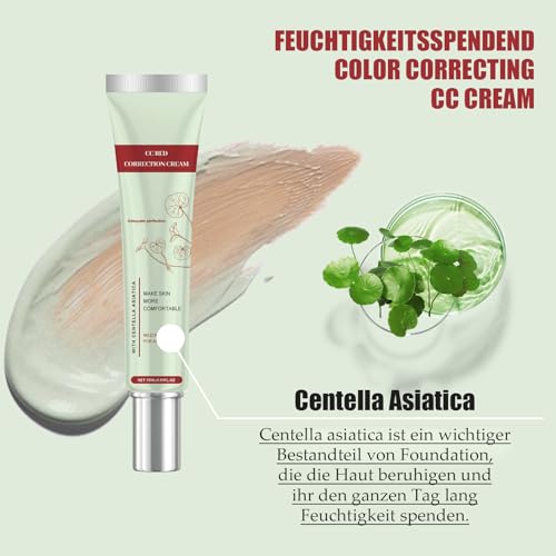 CC Cream Red Correct, Color Correcting CC Creme gegen Rötungen mit Centella Asiatica, Wasserfest Make Up Fondation mit Full Coverage, Hydrating Concealer für Natürlich Gleichmäßigen Alle Hauttypen