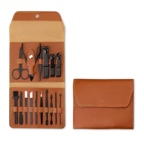 Kit Manicure e Pedicure 16 Peças Aço Inoxidável com Estojo (Marrom)