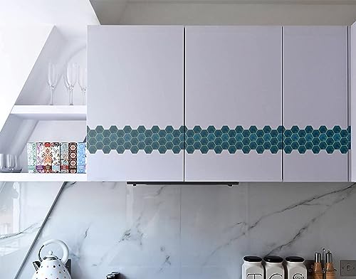 Image of WallDesign Teal Blue Hexagon Self-Adhesive Tile Stickers For Cupboard, Panel, Cabinet, Furniture, Table, Glass, Wall - 6.25 Inches X 10 Ft Border