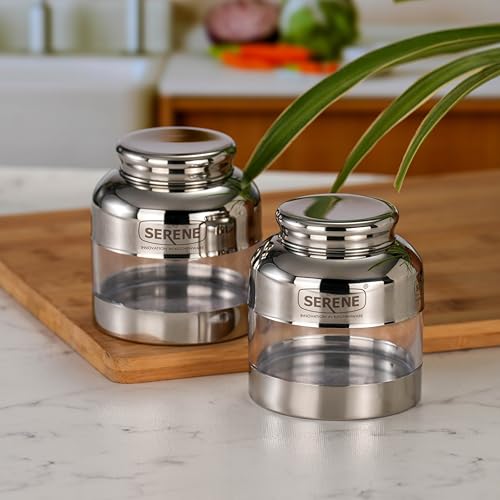 Image of Serene Stainless Steel Exotic See-Through Jar | Airtight Jars for Kitchen Storage | Premium Steel Jars with One Turn Lock Lid | Transparent Stainless Steel Containers | 400ML | 2 PC