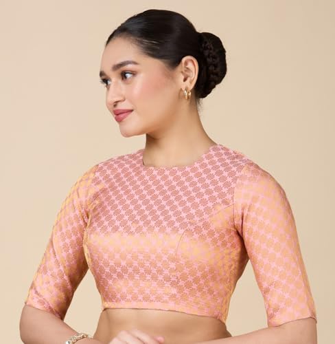 Image of Studio Shringaar Women Brocade Silky Jewel Neck Readymade Elbow Length Sleeve Saree Blouse