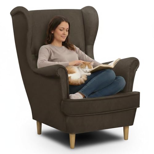 SENTO TRADE Ohrensessel, Relaxsessel mit hoher Rückenlehne, Polstersessel im skandinavischen Stil mit Armlehnen MALMER Ohrensessel (Dunkelbraun)