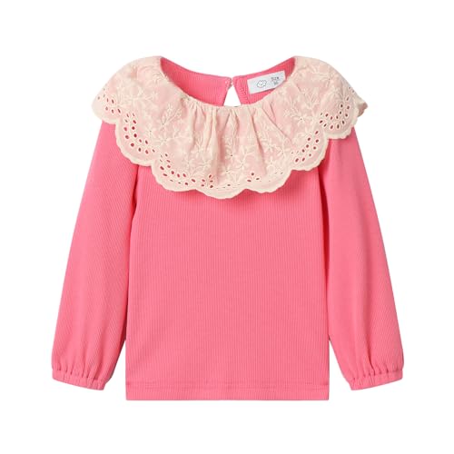 Image of LittleSpring Girls Ribbed Knit Long Sleeve Tshirt with Lace Ruffle Collar