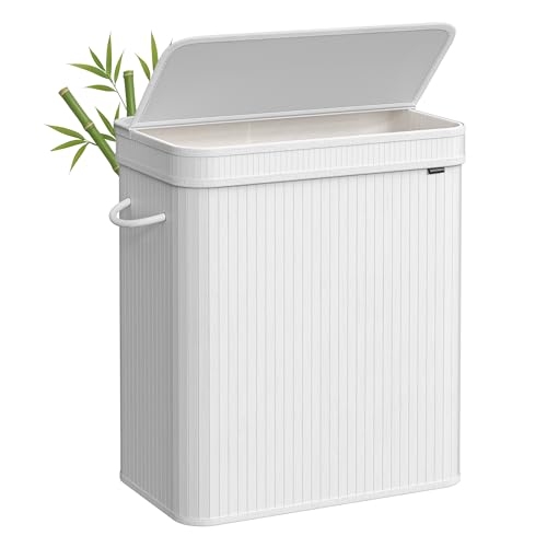SONGMICS Laundry Hamper with Lid Bamboo Laundry Basket Removable Machine Washable Hamper Basket with Handles 100 L for Laundry Room Bedroom Washroom White LCB063W01