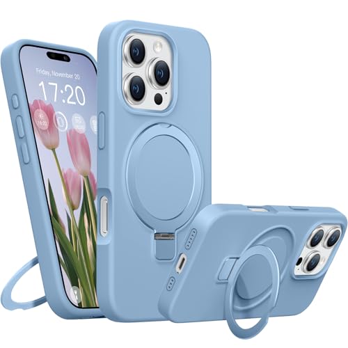 BENTIACC Liquid Silicone Case for iPhone 16 Pro Magnetic Rugged Stand Ring 4-Layer Shockproof Protective Case Soft Microfibre Lining Scratch Resistant (light blue)