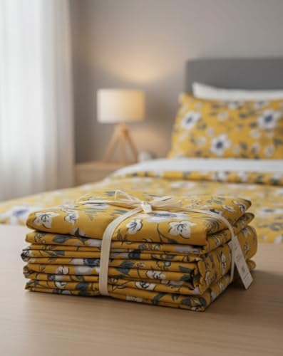 Image of Premium Glace Cotton Flat Double Bedsheets, 90 x 100 Inches with 2 King Size Pillow Cover 17 x 27 Inches, Floral (Yellow)