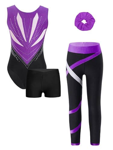 Miutii 4tlg.Mädchen Turnanzug Glitzer Gymnastikanzug mit Shorts Hose und Haargummi Ärmellos Ballettanzug Gymnastik Leotard Eislaufen Tanzkostüm A Lila&Schwarz 134-140