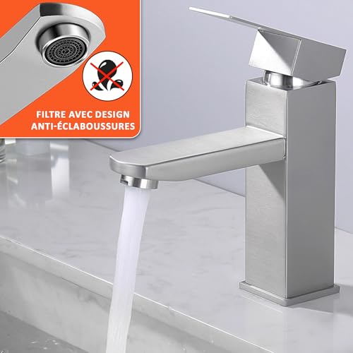 Mitigeur lavabo acier inoxydable au design épuré pour eau chaude et froide - 6