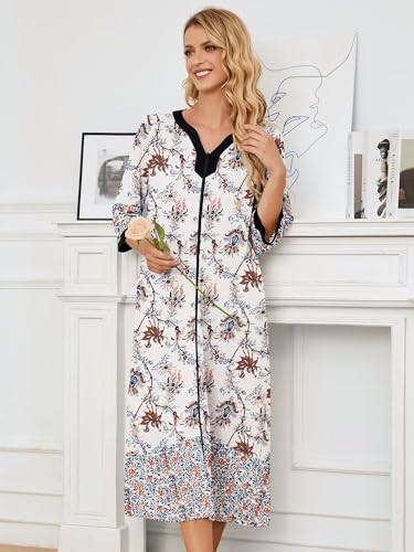 Image of PITINAN Moo Moo Nightgown House Dress Zip up Robes for Women Long Lounge Dress House Coat Women S-3XL