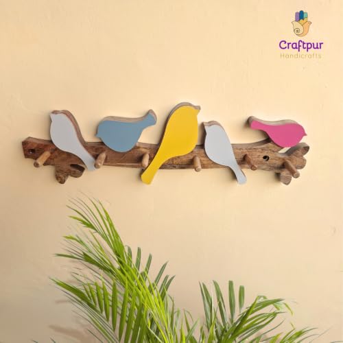 Image of Stylish Wooden Key Holder for Wall | Cute Key Holder for Home Decor | Key Holder Stand with 5 Hooks | Wall Mounted Key Hanger (5 Birds H)
