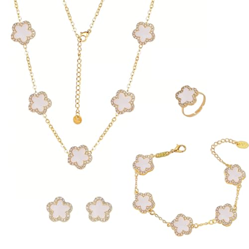AOWVUTS Conjunto de Joyas Trébol Cuatro Hojas para Mujer y Niñas 18K Oro Plateado Flor Trébol Collar Pendientes Pulsera Anillo Acero Inoxidable Juego de Joyas con Zirconia Regalos para Fiesta Boda