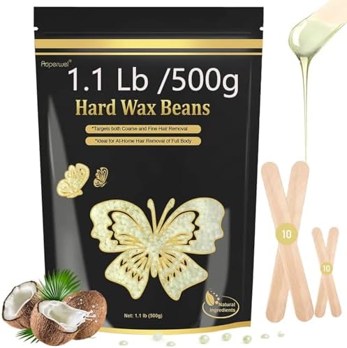 Wax Beads 1.1lb, Hard Wax Beads for Coarse Hair Removal & Sensitive Skin, Works on Brazilian Bikini, Armpit, Legs, Face, Eyebrow, Back, Waxing Beads with 20 Sticks(Coconut)