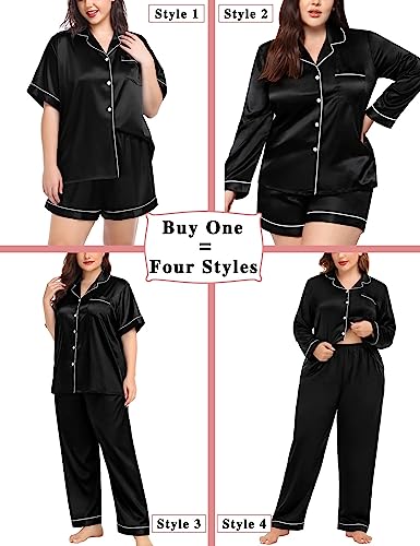 Image of SWOMOG Women Plus Size Pajama Set 4pcs Silk Satin Sleepwear Button Down Pjs Cami Shorts Set Loose Loungewear 16W-26W