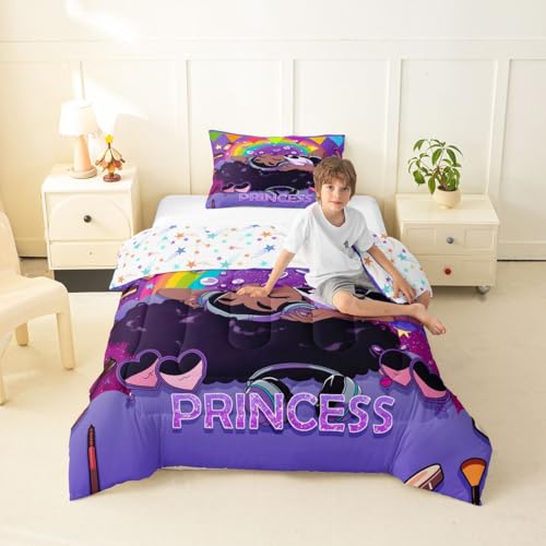 Image of Erosebridal Black Girls Comforter Set Magical African American Twin Bedding Set Rainbow Afro Pretty Girls Comforter Love Music Purple Girl Duvet Insert for Teens Kids Princess Cute Room Decor