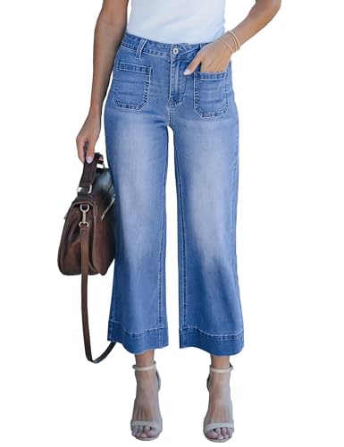 Wide Leg Jeans for Women Trendy High Waisted Straight Loose Cropped Denim Pants Stretchy Baggy with Patch Pockets Business Casual Trouser Light Blue,XX-Large3
