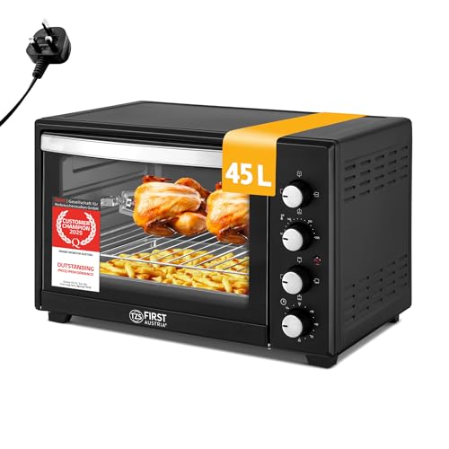 TZS First Austria - Mini Oven 45L 2000W - Small Pizza-Oven temperature control up to 230°C & non-stick coating - Baking-Oven 60 min. timer, 4 rack levels, baking tray, grill rack & rotisserie skewer