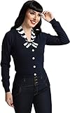 Hey there Sailor! Looking good in our Doreen Cardigan. Der maritim angehauchte Feinstrick Cardigan von Collectif ist eine angenehm weiche, anschmiegsame Bolero-Strickjacke in Dunkelblau - perfekt für ein Sailor Outfit Vintage Strickjacke mit V-Ausschnitt und dunkelblau-weiß gestreiftem Kragen Mittig am Ausschnitt eine niedliche, dunkelblau-weiß gestreifte Zierschleife Durchgehende, mittige Knopfleiste mit runden, stoffüberzogenen Knöpfen in Weiß Lange Ärmel mit Rippstrickbündchen Gerippt