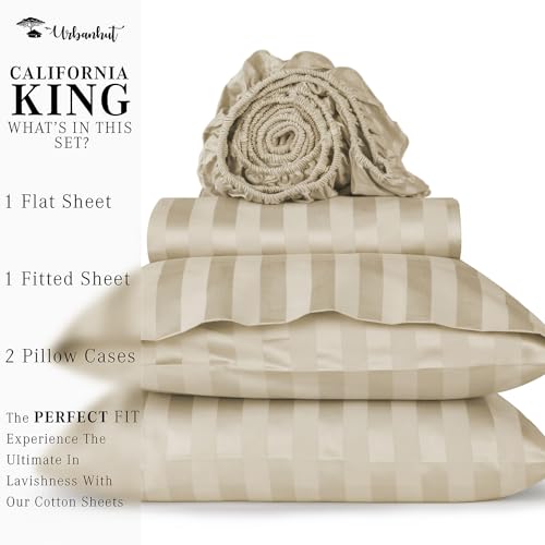 URBANHUT 800 Thread Count Egyptian Cotton Damask Striped California King Size Sheets Set (4 Pc) - Ultra Soft, Sateen Weave Cal King Size Bed Sheets, Luxury Hotel Sheets with 16" Deep Pocket - Ivory