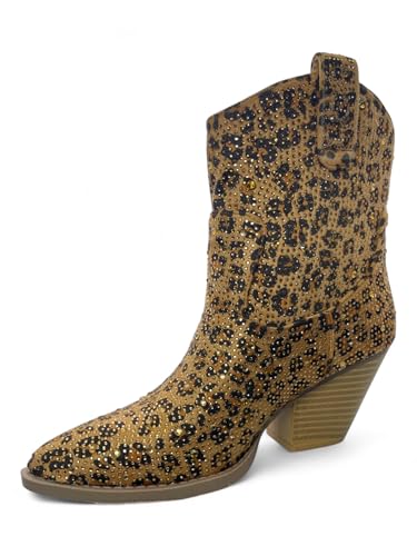Image of ABSOLEX Women Western Cowgirl Cowboy Pointed Toe Rhinestone Ankle Booties | Casual Boots