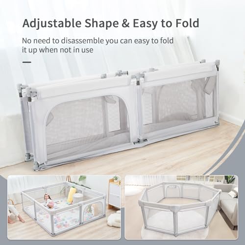 Image of Baby Playpen Foldable 79x59 Playpen for Babies and Toddlers, Adjustable Play Pen for Toddlers 1-3 Baby Fence Play Yards for Indoor & Outdoor Gate with Packing Bag, Light Grey