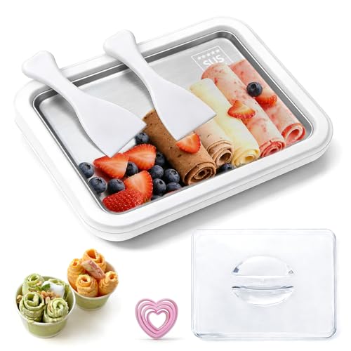 Rolled Ice Cream Maker Tray 26cm with Lid & Heart-Shaped Molds – DIY Cold Stone Ice Cream Slab Kit...