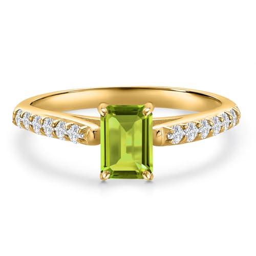 Gem Stone King 10K Yellow Gold Green Peridot and Lab Grown Diamond Engagement Ring For Women | 0.78 Cttw | Emerald Cut 6X4MM | Gemstone August Birthstone | Available in Size 5,6,7,8,93